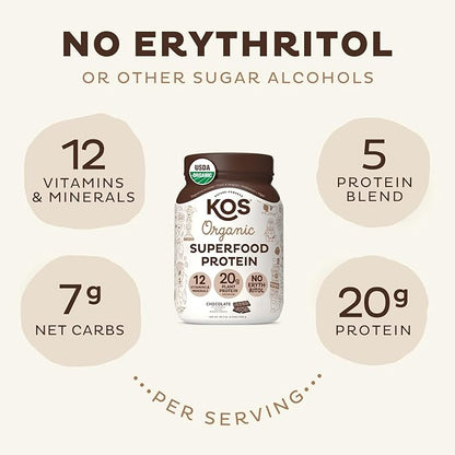 KOS Vegan Protein Powder Erythritol Free, Chocolate 28 Servings