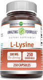 Amazing Formulas L-Lysine 500mg 250 Capsules Amino Acid Supplement | Non-GMO | Gluten Free | Made in USA