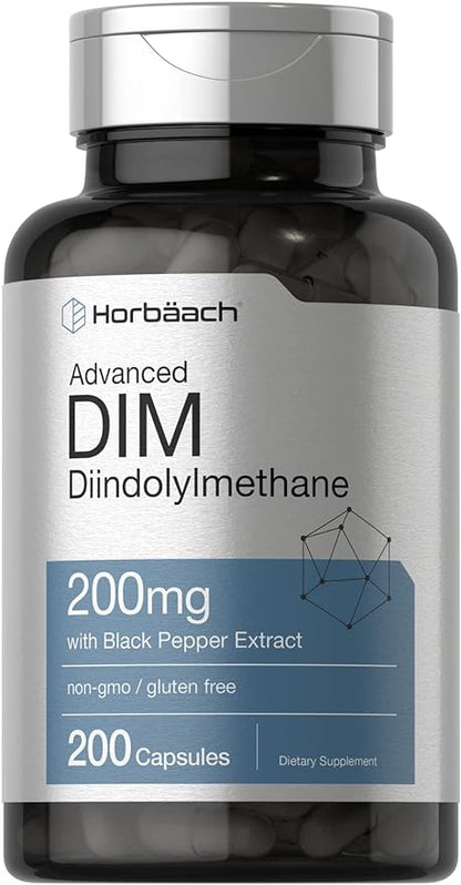 Horbäach DIM Supplement | 200mg | 200 Capsules | for Women and Men | Advanced Diindolylmethane | with Black Pepper Extract | Non-GMO, Gluten Free