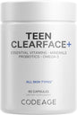 Codeage Teen Clearface Adolescent Face, Skin & Pimples, Vitamins A, C, D3, E, Pantothenic Acid, Niacin, Zinc Supplement Teenagers, Probiotics, L-Lysine, Omega-3, Oily Skin, Pores, Spots - 60 Capsules
