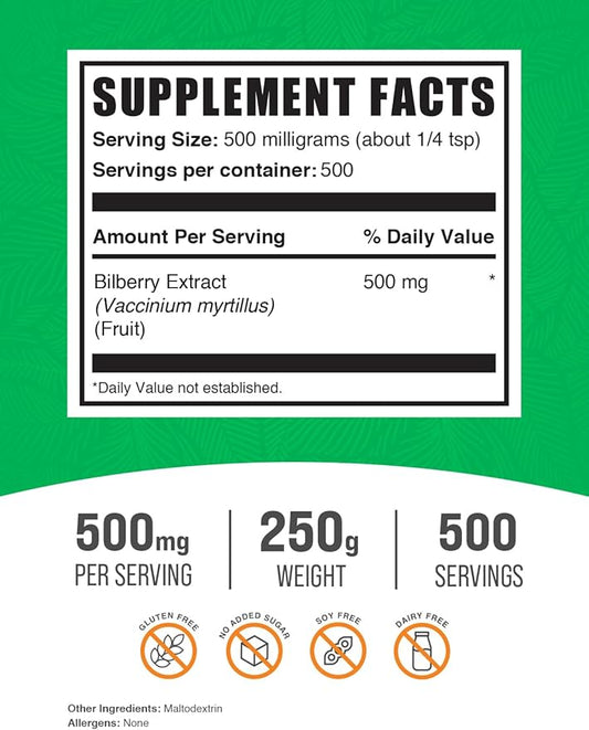 BulkSupplements.com Bilberry Extract Powder - Bilberry Fruit Extract, Bilberry Powder, Bilberry Supplement for Eyes - Glulten Free, 500mg per Serving, 250g (8.8 oz) (Pack of 1)