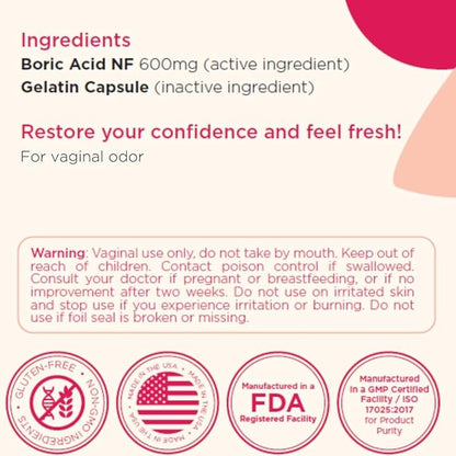 BoriCap - Boric Acid Suppositories for Women - 600 mg - Vaginal Health, pH Balance, Itch & Odor - Natural - Feminine Care - by Heale - 60 Capsules