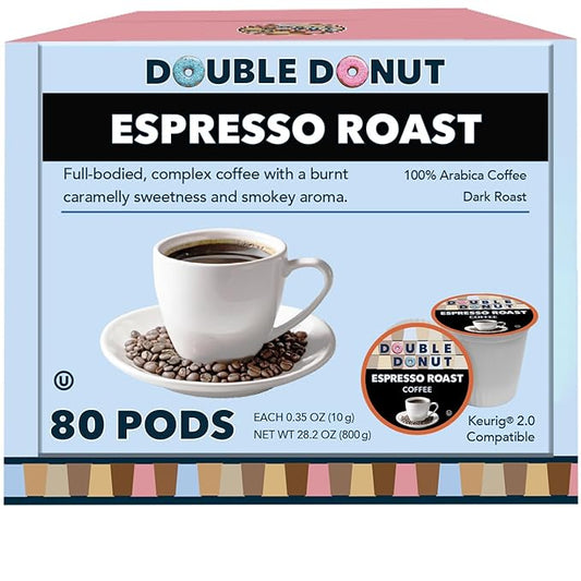 Double Donut Dark Roast Coffee Pods, Espresso Roast, Strong Coffee in Recyclable Single Serve Coffee Pods for Keurig Coffee Maker, 80 Count