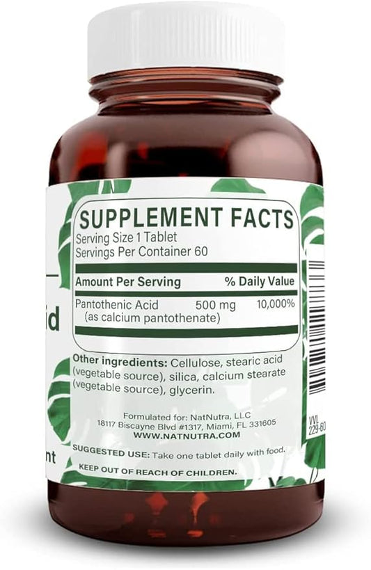 Natural Nutra Time Release Pantothenic Acid 500 mg, Vitamin B5 Supplement Helps Break Down Fat and Carbohydrates, Metabolism and Energy, Improve Muscle Health, 60 Vegetarian Tablets (3 Pack)