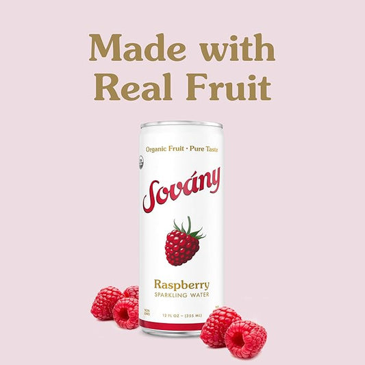 Sovány Sparkling Water, Raspberry, Seltzer Water Drinks, USDA Organic, Made With Real Fruit, Non-GMO, Vegan, No Added Sugar, Low Calorie, 12 fl oz, 24 Pack