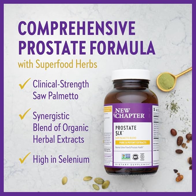 New Chapter Prostate Supplement - Prostate 5LX™ with Clinical Strength Saw Palmetto + Fermented Selenium for Men’s Wellness - 120 ct Vegetarian Capsule