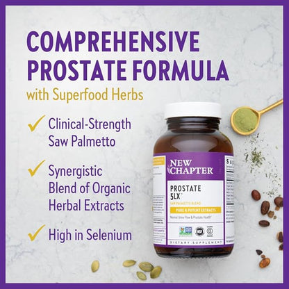 New Chapter Prostate Supplement - Prostate 5LX™ with Clinical Strength Saw Palmetto + Fermented Selenium for Men’s Wellness - 120 ct Vegetarian Capsule