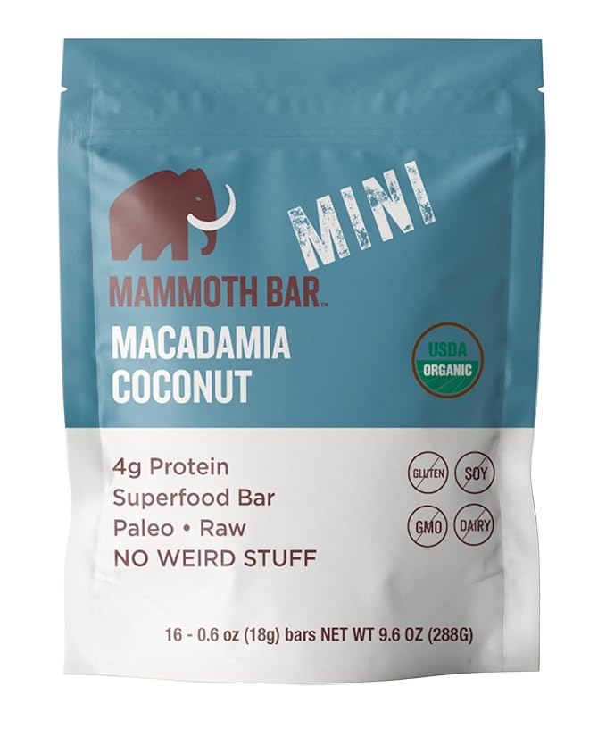 Mammoth Bar Macadamia Coconut Mini Bar - Mini Organic Snack Bar Packed with 4g Protein. Made with Premium Macadamia Nuts & Egg White Protein. Paleo • Gluten Free • GMO Free • Raw - 16 Mini Bars