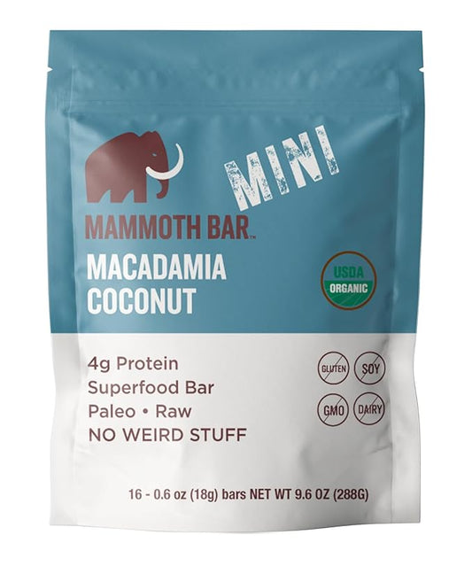 Mammoth Bar Macadamia Coconut Mini Bar - Mini Organic Snack Bar Packed with 4g Protein. Made with Premium Macadamia Nuts & Egg White Protein. Paleo • Gluten Free • GMO Free • Raw - 16 Mini Bars