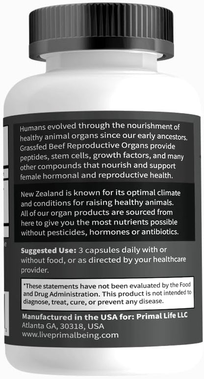 Primal Being Grassfed Beef Female Vitality Supplement- Supports Hormonal Health, Fertility, Inflammation, Energy - 90 Capsules, 1500mg per Serving
