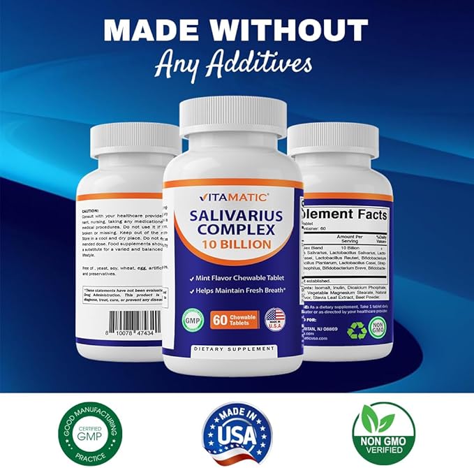 Vitamatic Salivarius Complex 10 Billion Chewable Mint Flavored Tablet - 60 Count - Oral Health Chewable Probiotics + Prebiotics - Supports Healthy Teeth, Gums, & Better Breath