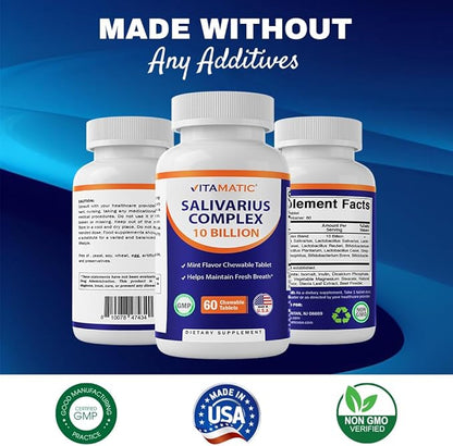 Vitamatic Salivarius Complex 10 Billion Chewable Mint Flavored Tablet - 60 Count - Oral Health Chewable Probiotics + Prebiotics - Supports Healthy Teeth, Gums, & Better Breath