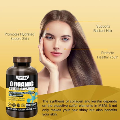 MSM Organic Sulfur Capsules, Premium MSM Supplement, Used for Joint Health and Functional Wellness, Hair, Skin, Nails, Non-GMO, Gluten Free, 1 Bottle Pack(180 Count)