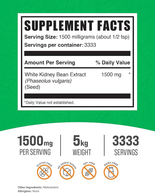BulkSupplements.com White Kidney Bean Extract - Powdered Extract for Digestive Support, Protein Source - Gluten Free - 1500mg per Serving, Pack of 5 (5 Kilograms - 11 lbs)
