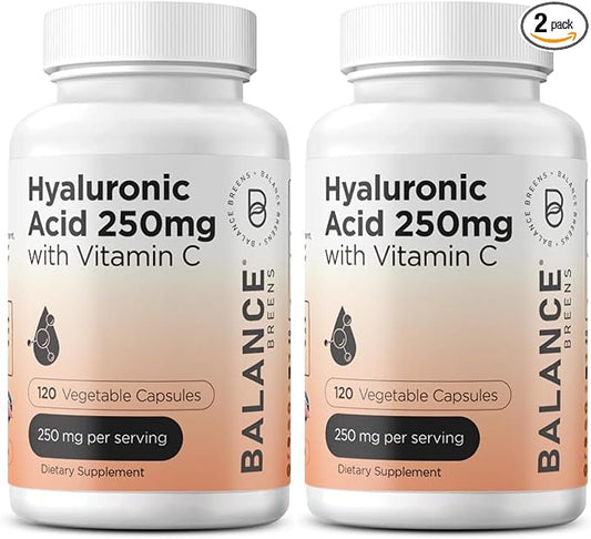 Pure Hyaluronic Acid Supplement 250mg with Vitamin C 50mg, 120 Vegan Capsules - Skin Hydration for Natural Glow, Hair, Nails, Bone & Joint Health Formula