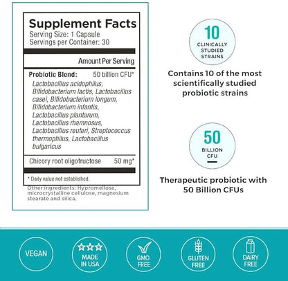 Omax Prebiotic & Probiotic 50 Billion CFU + Chicory Inulin, 10 Strains, Reduce Bloating, Digestion, SIBO, Leaky Gut, Vaginal pH, Acidophilus, Vegan, Dairy Free, Gluten Free, Blister Packaged