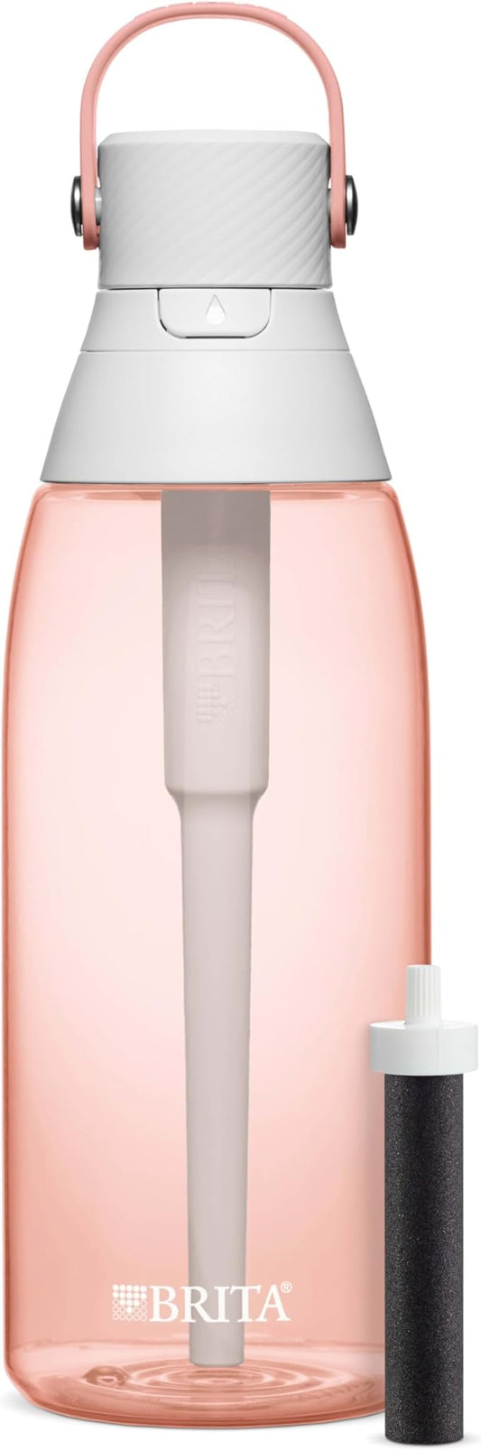 Brita Hard-Sided Plastic Premium Filtering Water Bottle, BPA-Free, Reusable, Replaces 300 Plastic Water Bottles, Filter Lasts 2 Months or 40 Gallons, Includes 1 Filter, Blush - 36 oz.