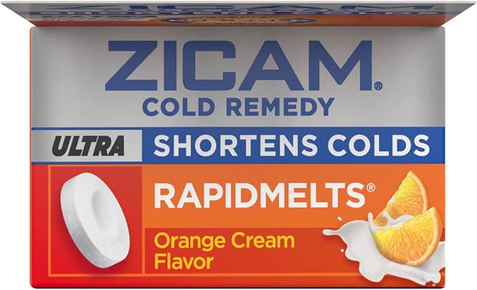 Zicam Ultra Cold Remedy Zinc Rapidmelts, Orange Cream Flavor, Homeopathic, Cold Shortening Medicine, Shortens Cold Duration, Sugar-Free, Dye-Free, 18 Count (Pack of 2)