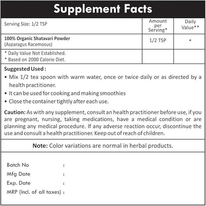 Shatavari Powder Organic Asparagus Racemosus 5.3 oz 150 GMS