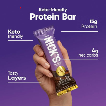 NICKS Protein Bars Triple Chocolate | 12g protein | 170 calories | Low Carb Keto Friendly Snacks No Added Sugar (Multipack 12 bars x 50g)