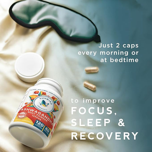 Ashwagandha Capsules Organic, Stress & Sleep 1200mg Pure 120 Vegan 1 Bottle