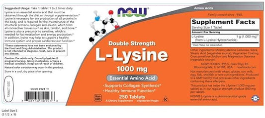 NOW Supplements, L-Lysine (L-Lysine Hydrochloride) 1,000 250 Tablets