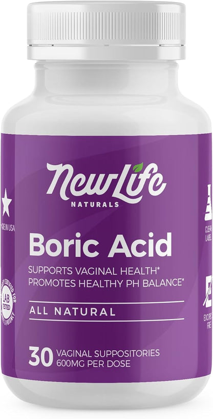 NewLife Naturals - Boric Acid Suppositories for Women pH Balance Pills - 600mg - Feminine Care - Vaginal Odor Itching Discharge BV | Made in USA | 30 Capsules