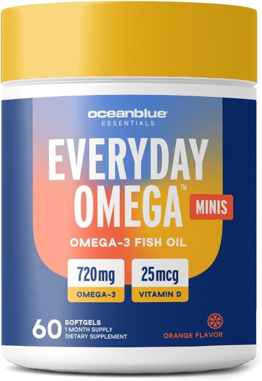 Oceanblue Essentials Everyday Omega Minis – 60ct – Burpless Fish Oil with Vitamin D3 – for Heart and Immune Support – Easy to Swallow Mini Softgels – Tasty Orange Flavor – 1 Month Supply