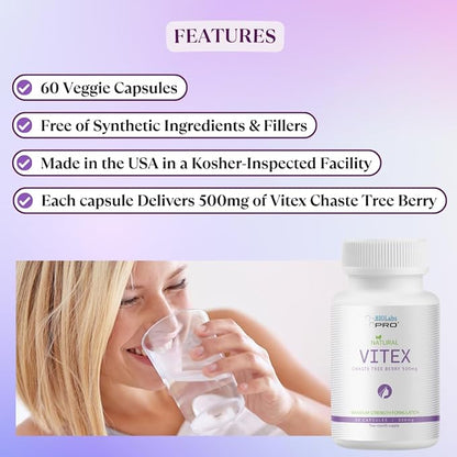 BIOLABS PRO Natural Vitex Chasteberry Supplement for Women - Pure Chaste Tree Berry Extract 500mg, Maximum Strength Formulation, Vegan Capsules, Supports Hormonal Balance - (60 Caps - 2-Month Supply)