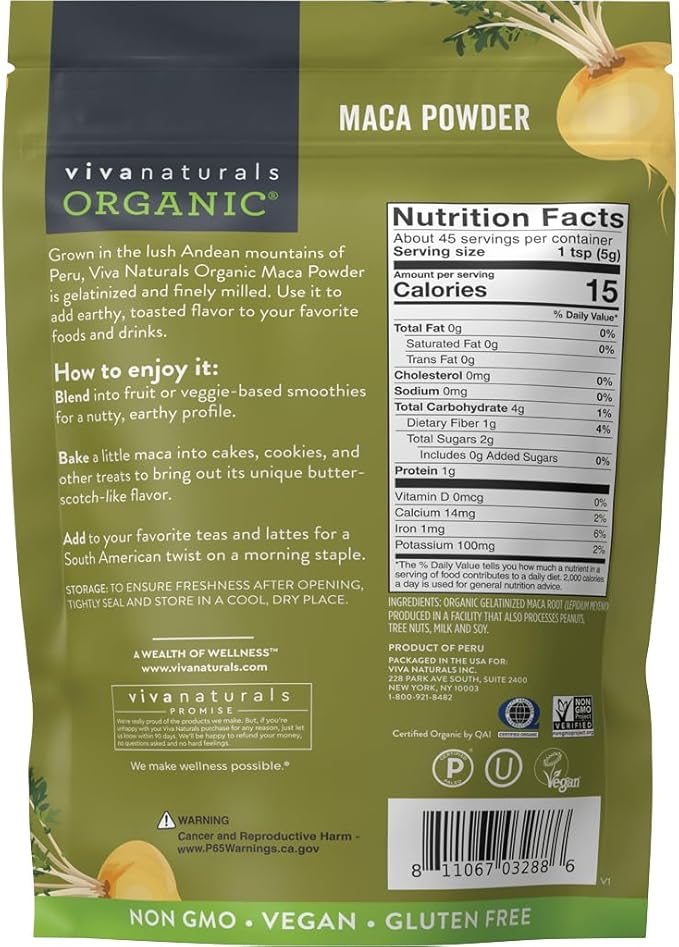Viva Naturals Organic Maca Powder - Gelatinized Maca Powder Organic, Vegan and Kosher Peruvian Superfood - Certified USDA Organic, Gluten-Free & Non-GMO, 8 oz Resealable Bag