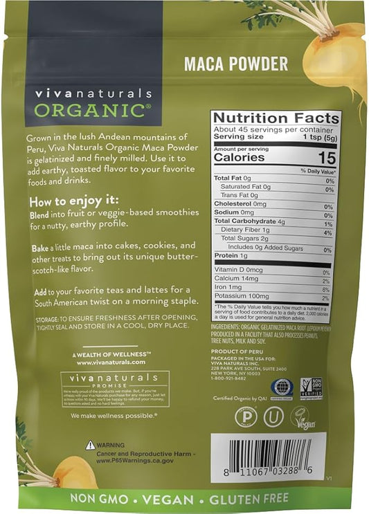 Viva Naturals Organic Maca Powder - Gelatinized Maca Powder Organic, Vegan and Kosher Peruvian Superfood - Certified USDA Organic, Gluten-Free & Non-GMO, 8 oz Resealable Bag