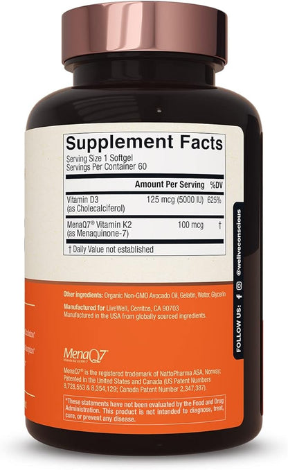 Live Conscious Vitamin K2 MK7 D3 Supplement D3 5000 5000 IU 60 Softgels