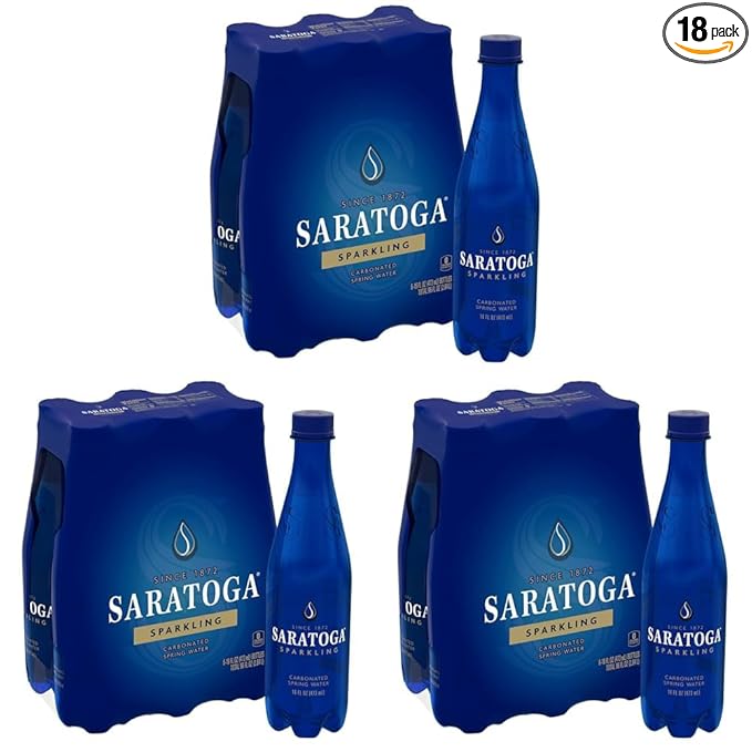 Saratoga Sparkling Water Bottles, 18-Pack - Carbonated Spring Bottled Water with Naturally Occurring Minerals & Electrolytes - Recycled PET Plastic Bottles - 16 Fl Oz