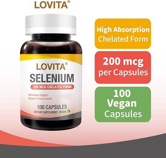 Lovita Selenium 200 mcg, Glycinate Chelated Form for High Absorption, Yeast Free, Immune & Thyroid Health Support 100 Vegan Capsules (Pack of 3)