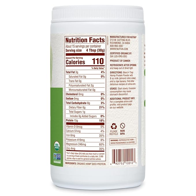 Nutiva Organic Cold-Pressed Raw Hemp Seed 16 Oz, 30 Approved,