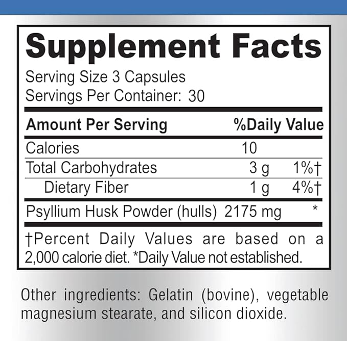 Psyllium Husk Dietary Fiber Supplement 2175mg, 90 Capsules