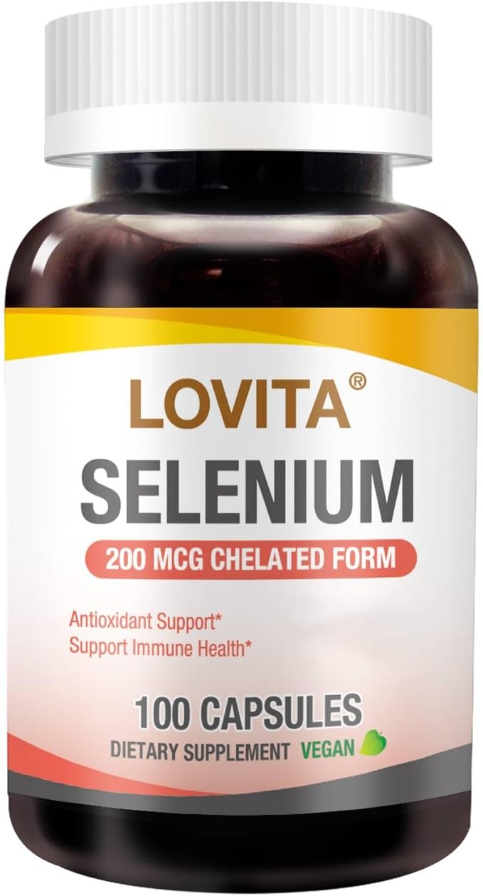 Lovita Selenium 200 mcg, Glycinate Chelated Form for High Absorption, Yeast Free, Immune & Thyroid Health Support 100 Vegan Capsules
