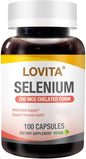Lovita Selenium 200 mcg, Glycinate Chelated Form for High Absorption, Yeast Free, Immune & Thyroid Health Support 100 Vegan Capsules