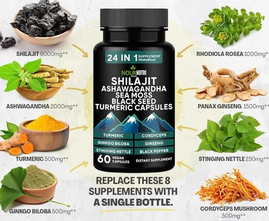 Vitality and Wellness Support Ultra 24 in 1 Supplements Blend – Ingredient includeShilajit,Black Seed Oil, Ashwagandha, and More – 60 Capsules