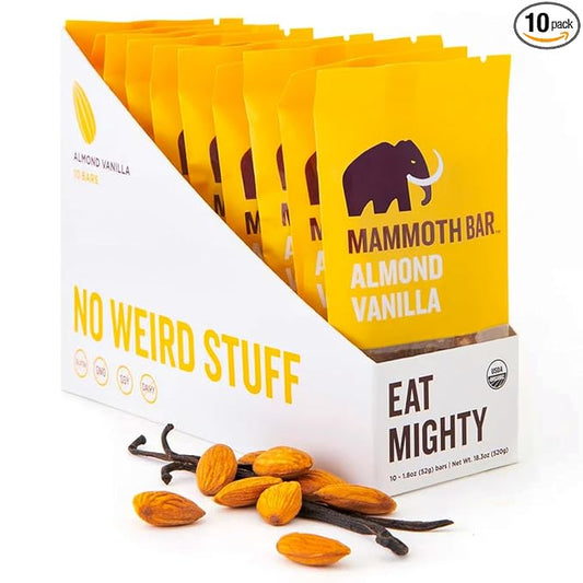 Mammoth Bar Almond Vanilla Bar - Organic Snack Bar Packed with 10g Protein. Made with Premium Almond, Dates & Egg White Protein. Paleo • Gluten Free • Raw