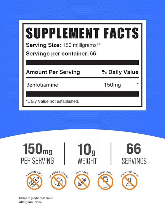 BulkSupplements.com Benfotiamine Powder - Thiamine B1 Supplement, Benfotiamine Supplement - Benfotiamine 150mg, Gluten Free - 150mg per Serving, 10g (0.35 oz) (Pack of 1)