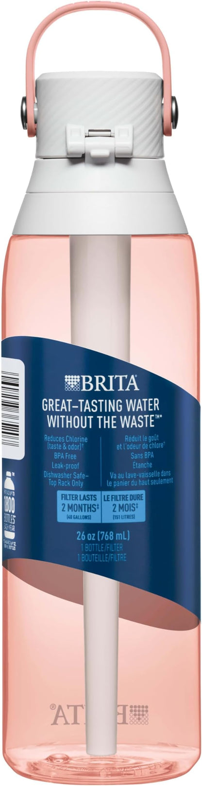 Brita Hard-Sided Plastic Premium Filtering Water Bottle, BPA-Free, Reusable, Replaces 300 Plastic Water Bottles, Filter Lasts 2 Months or 40 Gallons, Includes 1 Filter, Blush - 26 oz.
