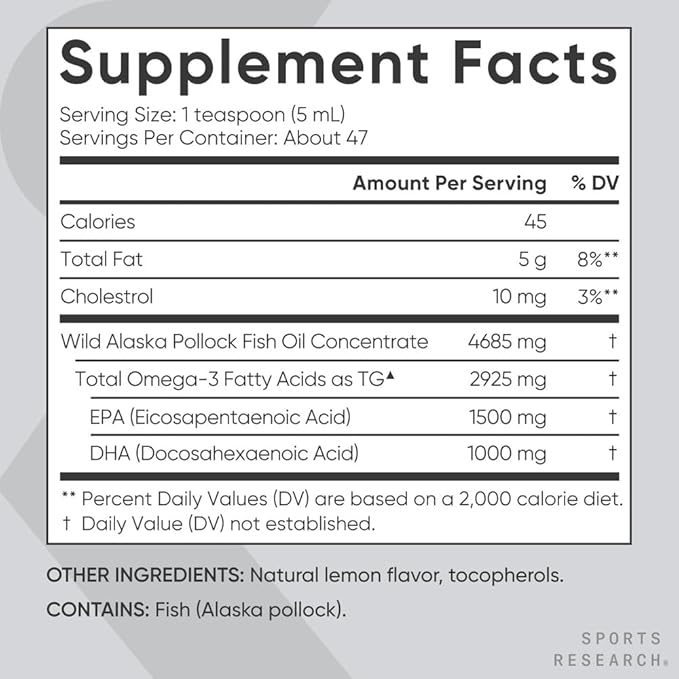 Sports Research® Omega-3 Fish Oil 4685mg - Sourced from Wild Caught Alaska Pollock - Natural Lemon Flavor, MSC Certified Sustainable - 8oz (48 Servings)
