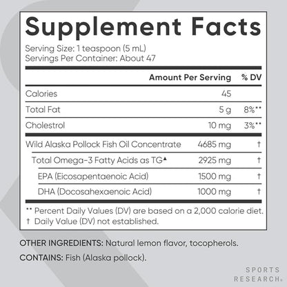 Sports Research® Omega-3 Fish Oil 4685mg - Sourced from Wild Caught Alaska Pollock - Natural Lemon Flavor, MSC Certified Sustainable - 8oz (48 Servings)
