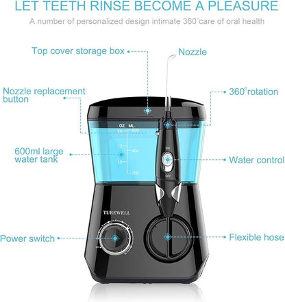 TUREWELL Water Flossing Oral Irrigator, 600ML 10 Adjustable 8 Water