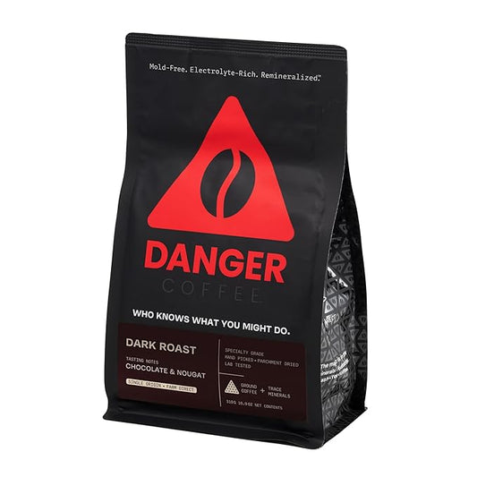 Danger Coffee by Dave Asprey, Remineralized, Mold Free & Lab Tested Ground Coffee, Dark Roast Roast, 10.9 Ounce