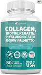 Collagen 1000 mg Biotin 10000 mcg Kerarin Blend 500mg Saw Palmetto 2500mg Folate 1000 mcg with Hyaluronic Acid Vitamin C E Paba Keratin MSM Quercetin Mineral Supplements, 60 Capsules