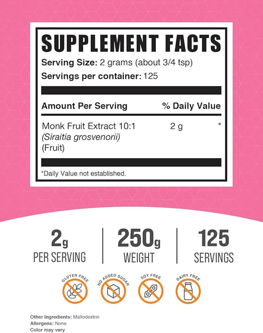 BulkSupplements.com Monk Fruit Extract Powder - Luo Han Guo - Pure Monk Fruit - Monk Fruit Powder - Monk Fruit Without Erythritol - 2g or Monk Fruit Extract per Serving (250 Grams - 8.8 oz)
