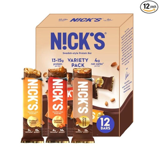 Nick's Protein Bars Variety Pack | 15g protein | 190 calories | Low Carb Keto Friendly Snacks No Added Sugar (Multipack 12 bars x 50g)