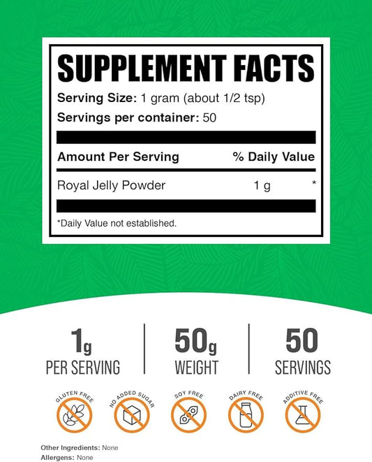 BulkSupplements.com Royal Jelly Powder - Royal Jelly Supplement, Royal Jelly 1000mg - for Immune Support, Gluten Free, 1000mg per Serving, 50g (1.8 oz) (Pack of 1)